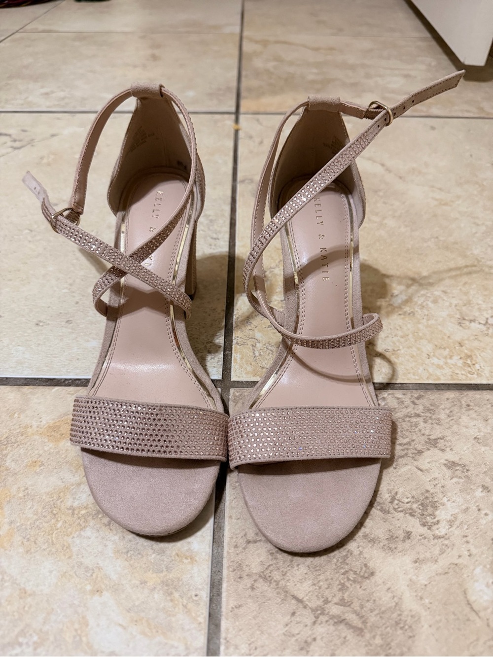 Kelly & Katie Blush Strappy Rhinestone Block Heels